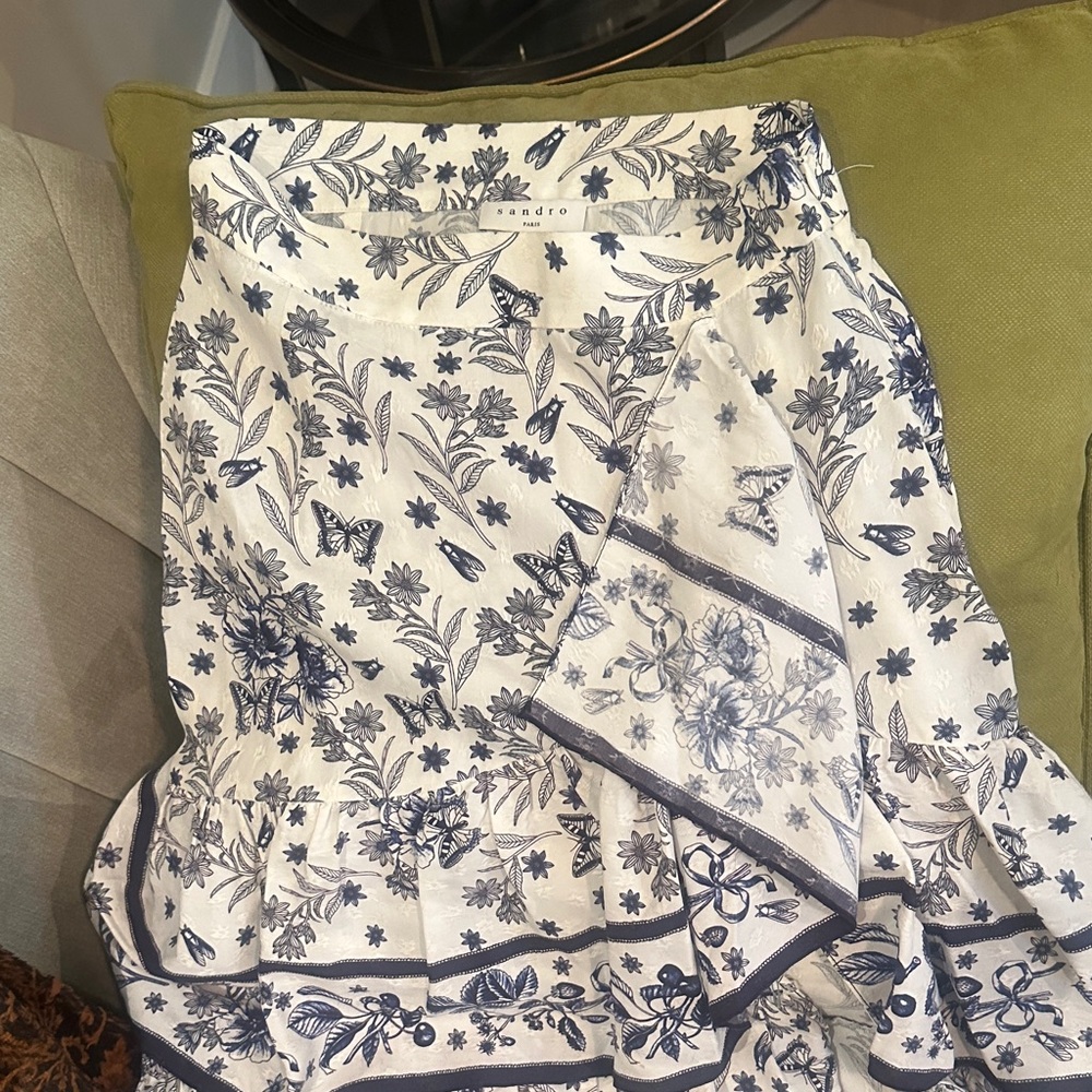 Sandro White Skirt with Navy Floral Design